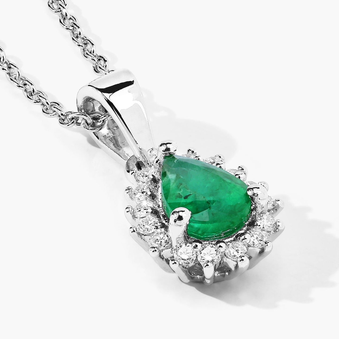 0.65 Ct pear Green Zambian Emerald and Lab Diamond Prong Silver Halo teardrop pendant Necklace