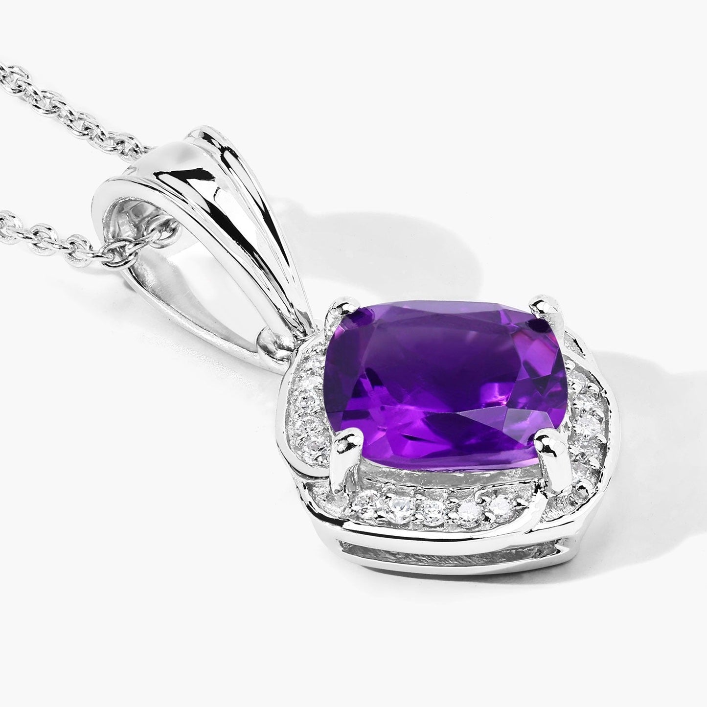 1.80 Ct Cushion Purple Amethyst and Lab Diamond Prong Silver Halo pendant Necklace