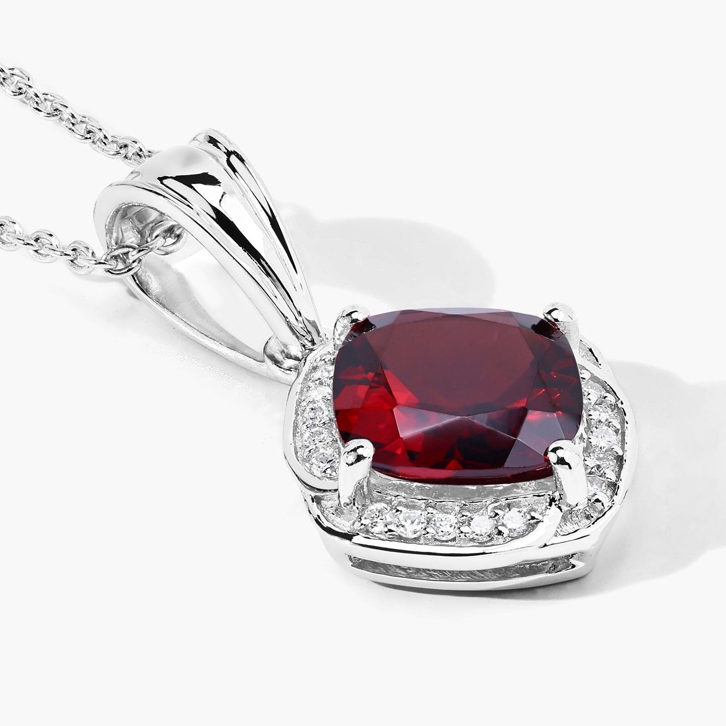 2.35 Ct Cushion Red Garnet and Lab Diamond Prong Silver Halo pendant Necklace