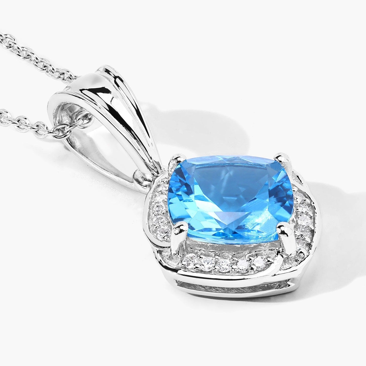 2.30 Ct Cushion Swiss Blue Topaz and Lab Diamond Prong Silver Halo pendant Necklace