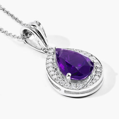 2.50 Ct Pear Purple Amethyst and Lab Diamond prong Silver Halo teardrop pendant Necklace