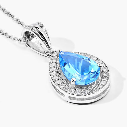 3.50 Ct Pear Swiss Blue Topaz and Lab Diamond prong Silver Halo teardrop pendant Necklace