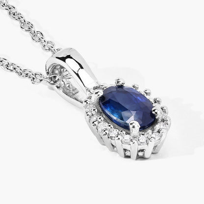 0.55 Ct oval Blue Sapphire and Lab Diamond prong Silver Halo pendant Necklace