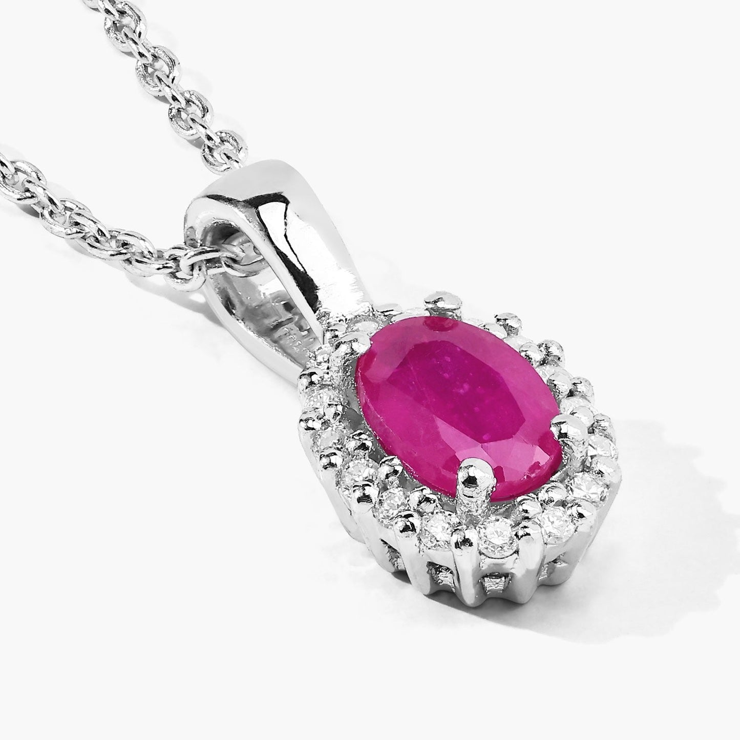 0.52 Ct oval pink Mozambique Ruby and Lab Diamond prong Silver Halo pendant Necklace
