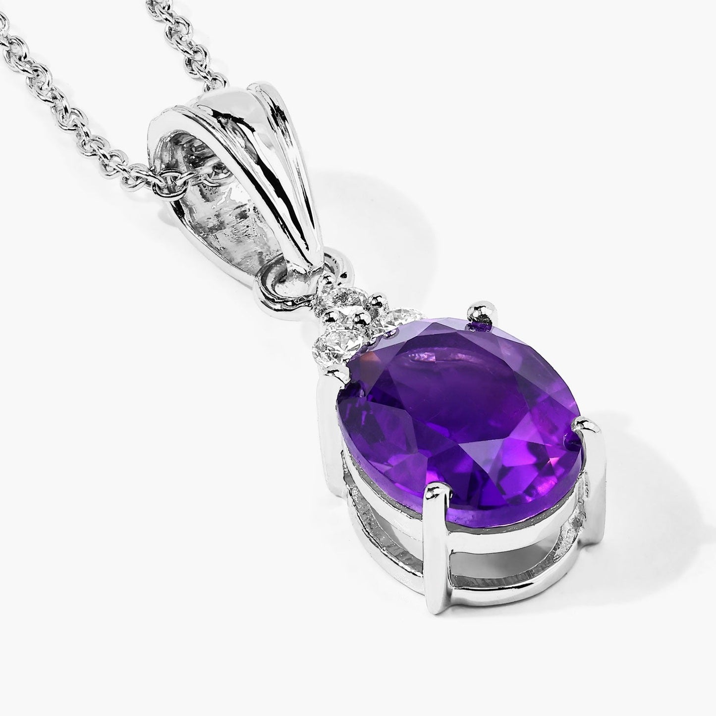 2.20 Ct oval purple Amethyst and Lab Diamond prong Silver Cocktail pendant Necklace
