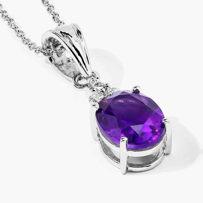 2.20 Ct oval purple Amethyst and Lab Diamond prong Silver Cocktail pendant Necklace