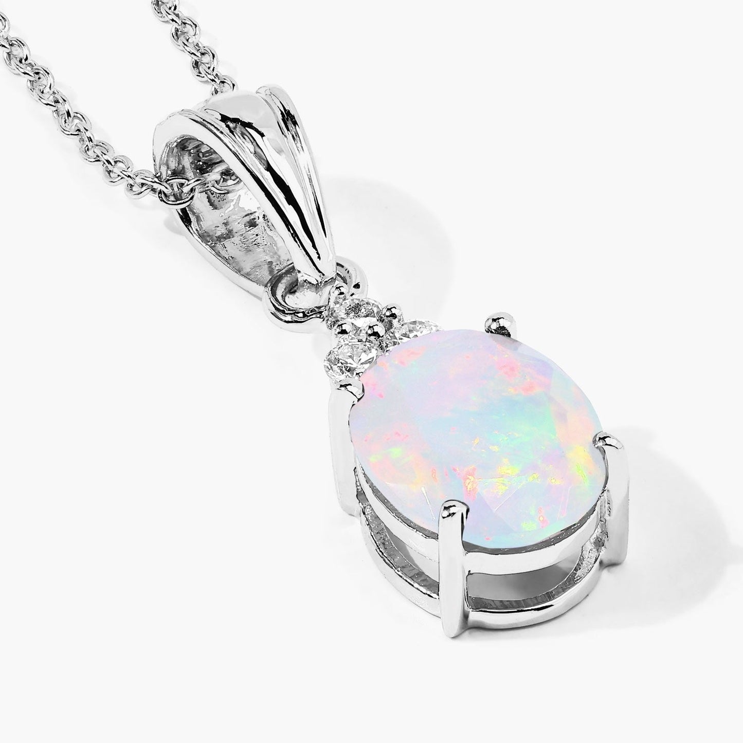 1.56 Ct oval white Ethiopian Opal and Lab Diamond prong Silver Cocktail pendant Necklace