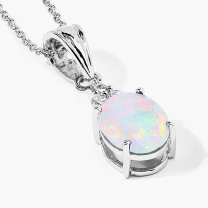 1.56 Ct oval white Ethiopian Opal and Lab Diamond prong Silver Cocktail pendant Necklace