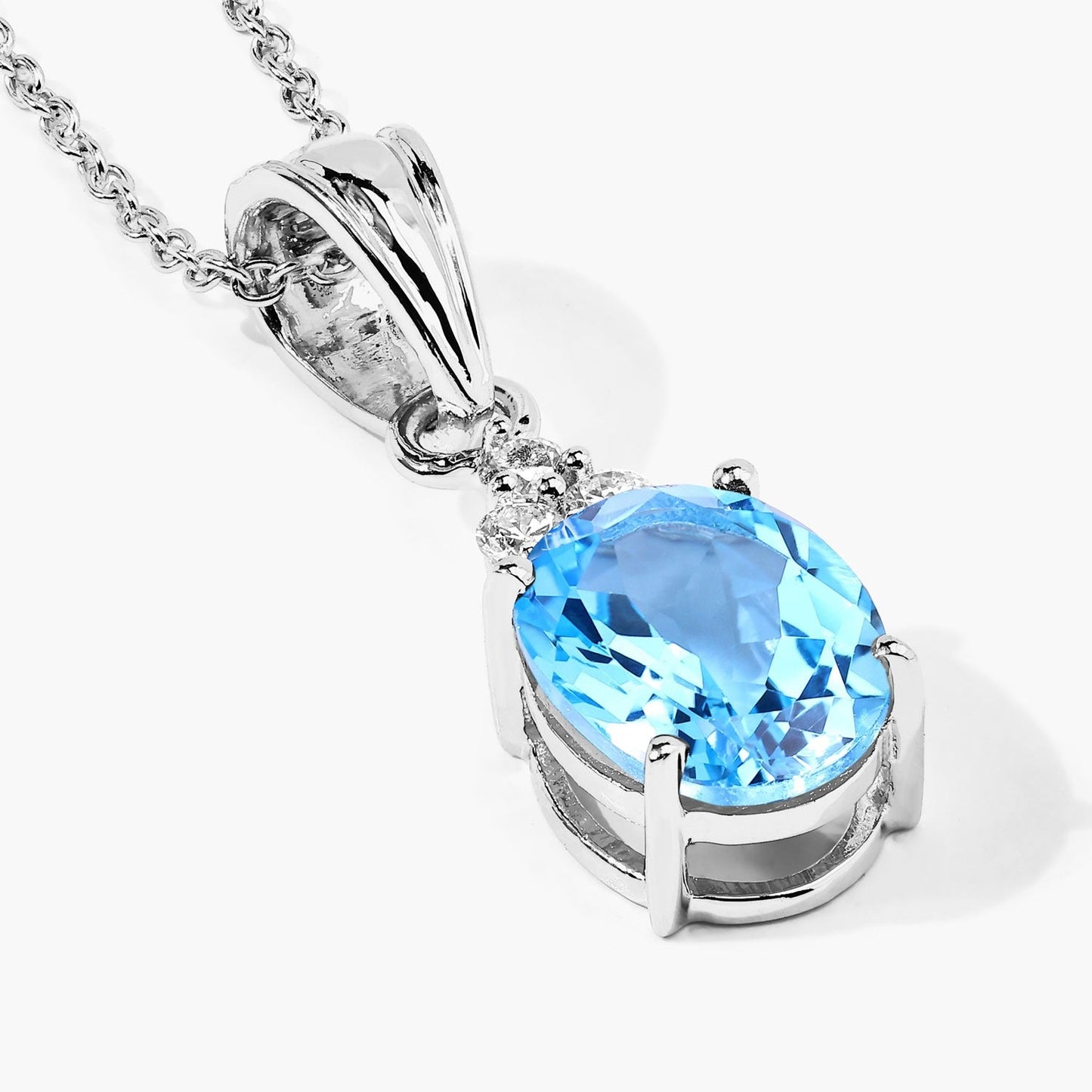 2.55 Ct oval Swiss Blue Topaz and Lab Diamond prong Silver Cocktail pendant Necklace