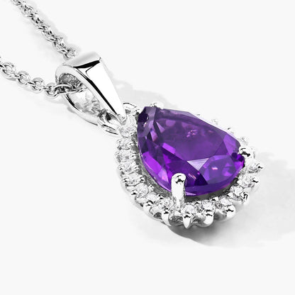 1.40 Ct pear purple Amethyst and Lab Diamond prong Silver Halo teardrop pendant Necklace