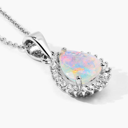 0.90 Ct pear white Ethiopian Opal and Lab Diamond prong Silver Halo teardrop pendant Necklace