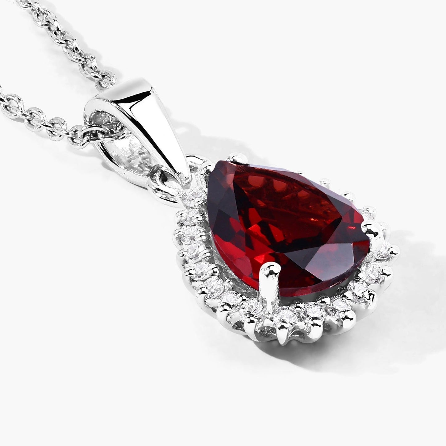 1.80 Ct pear red Mozambique Garnet and Lab Diamond prong Silver Halo teardrop pendant Necklace