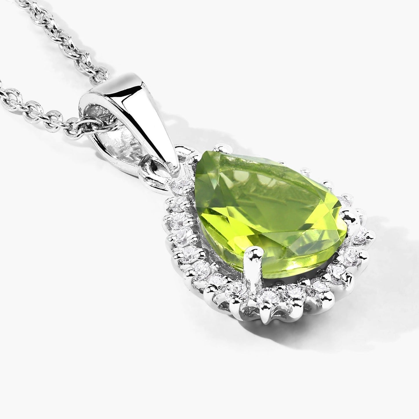 1.46 Ct pear green Peridot and Lab Diamond prong Silver Halo teardrop pendant Necklace
