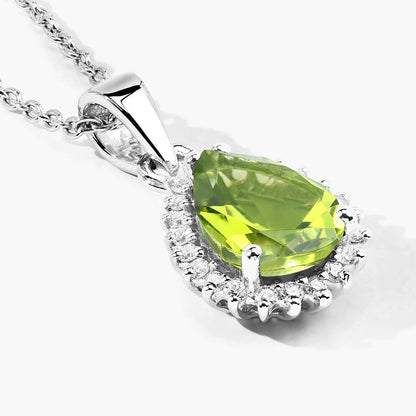 1.46 Ct pear green Peridot and Lab Diamond prong Silver Halo teardrop pendant Necklace