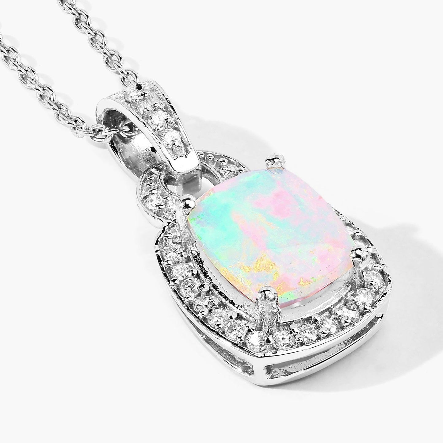 1 Ct cushion white Ethiopian Opal and Lab Diamond prong Silver Slide Pendant Necklace