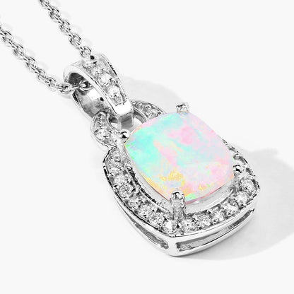 1 Ct cushion white Ethiopian Opal and Lab Diamond prong Silver Slide Pendant Necklace