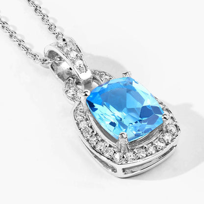 2.65 Ct cushion Swiss Blue Topaz and Lab Diamond prong Silver Slide Pendant Necklace