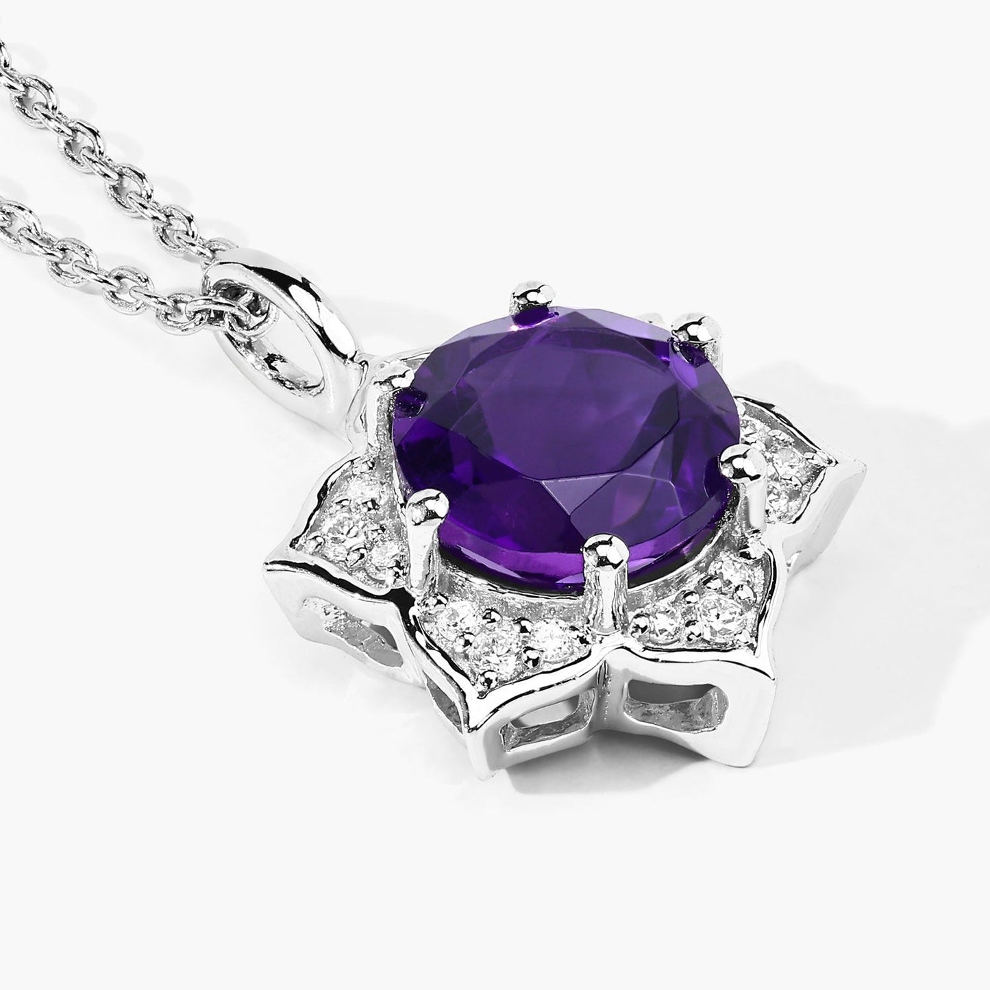 1.80 Ct round purple Amethyst and Lab Diamond prong Silver flower pendant Necklace
