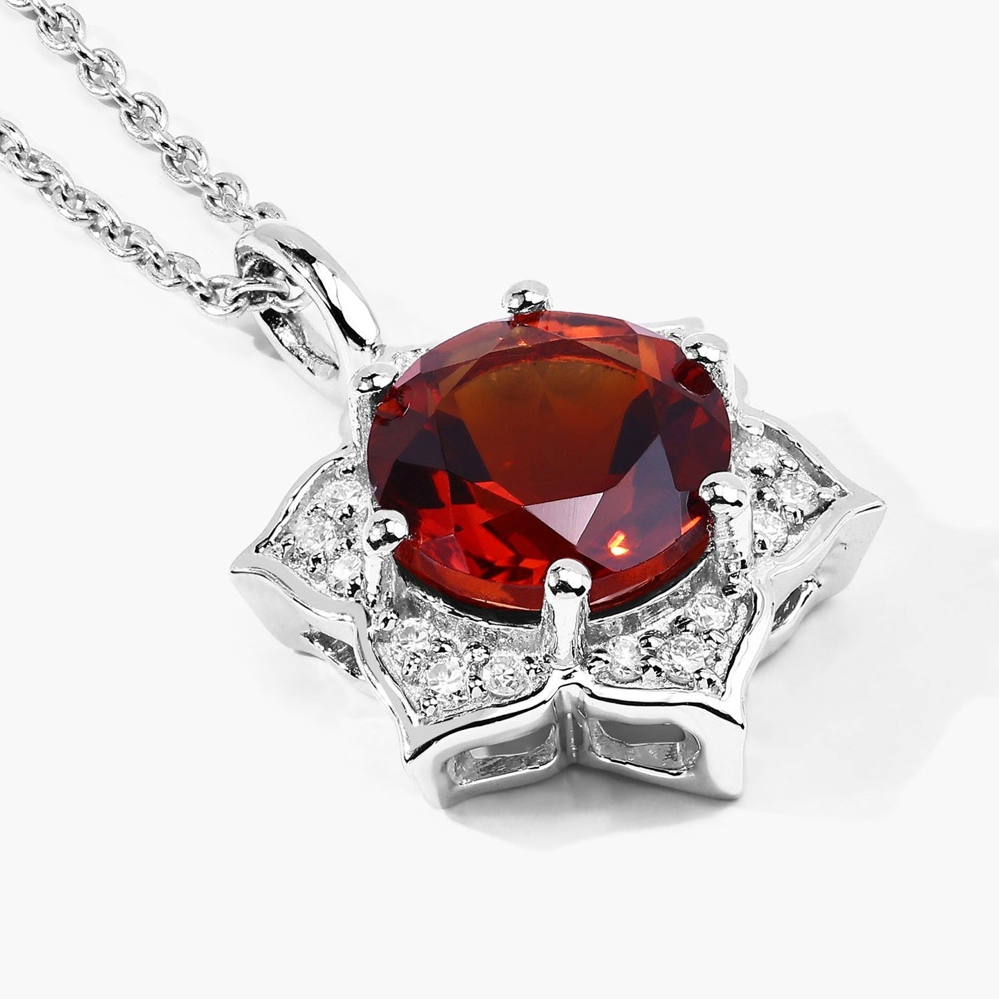 1.50 Ct round orange Madeira Citrine and Lab Diamond prong Silver flower pendant Necklace