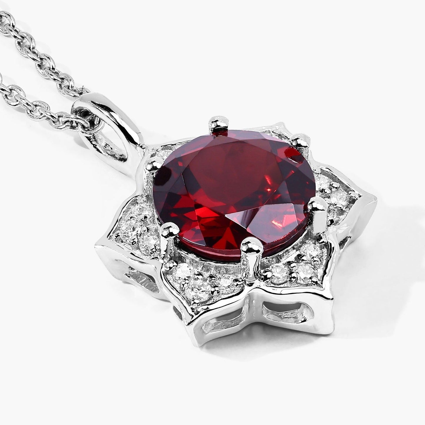 2.25 Ct round red Mozambique Garnet and Lab Diamond prong Silver flower pendant Necklace