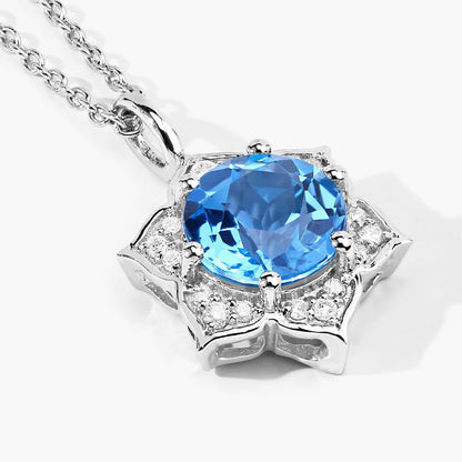 2.25 Ct round Swiss Blue Topaz and Lab Diamond prong Silver flower pendant Necklace