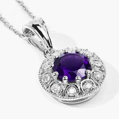 1.80 Ct round purple Amethyst and Lab Diamond prong Silver Halo pendant Necklace