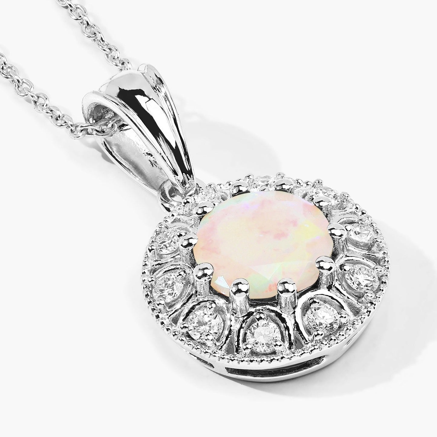 0.90 Ct round white Ethiopian Opal and Lab Diamond prong Silver Halo pendant Necklace