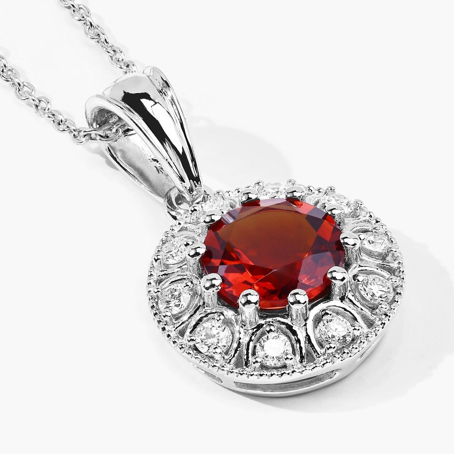 1.50 Ct round orange Madeira Citrine and Lab Diamond prong Silver Halo pendant Necklace