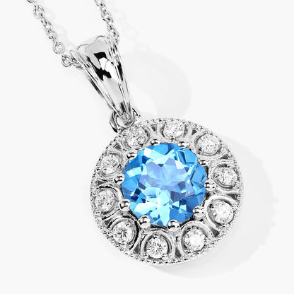 2.25 Ct round Swiss Blue Topaz & Lab Diamond prong Silver Halo pendant Necklace