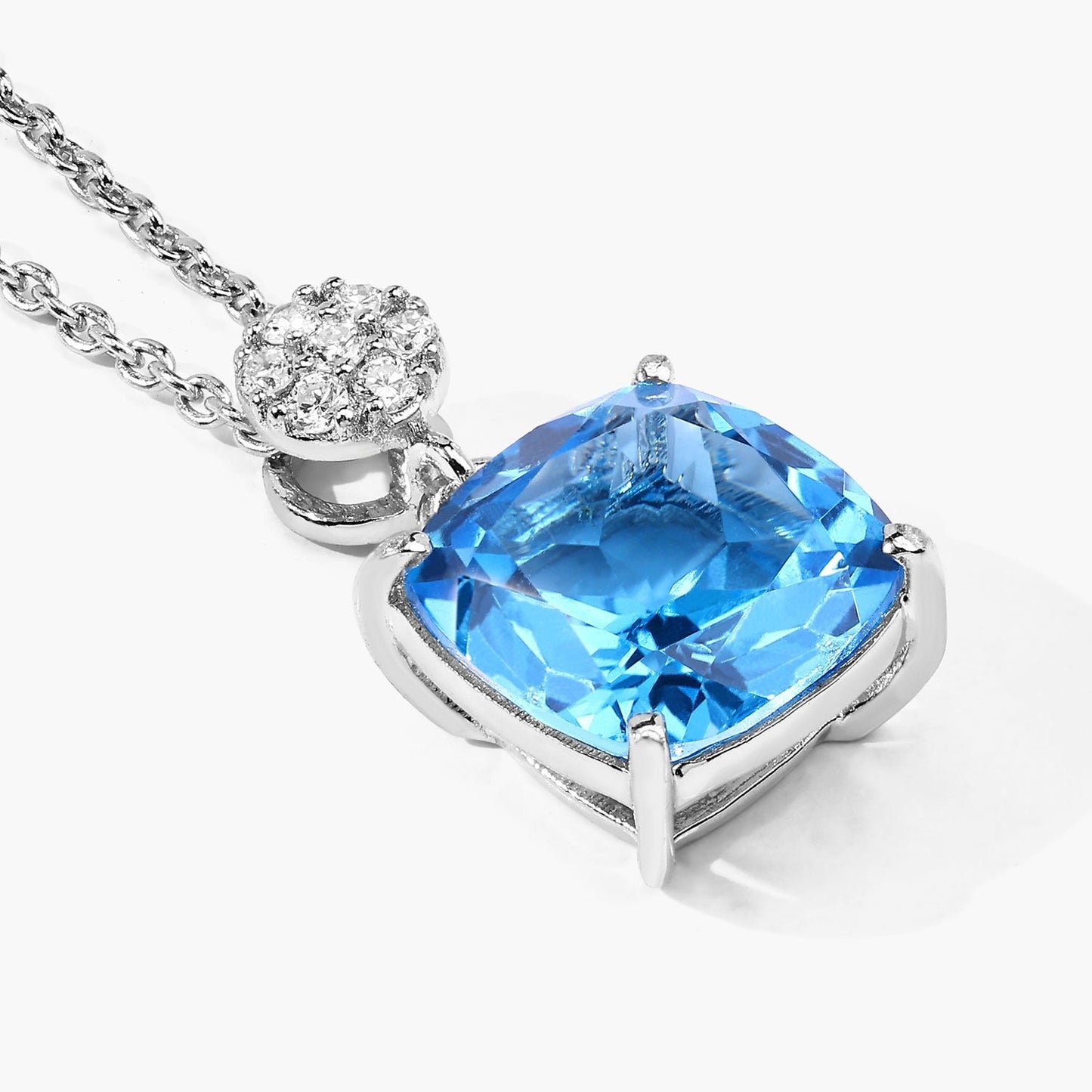 3.40 Ct Cushion Swiss Blue Topaz & Lab Diamond prong Silver Slide Pendant Necklace
