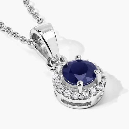0.75 CTTW Round Blue Sapphire & Lab Diamond prong Silver Halo Pendant Necklace