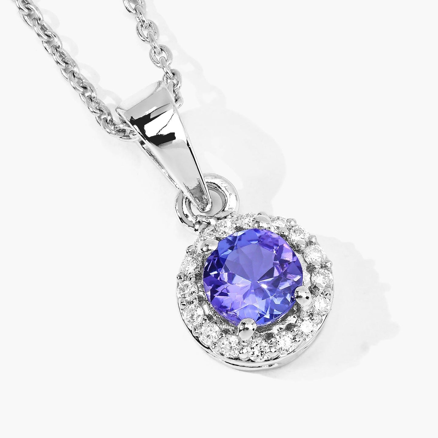 0.47 Ct Round violet Tanzanite & Lab Diamond prong Silver Halo pendant Necklace