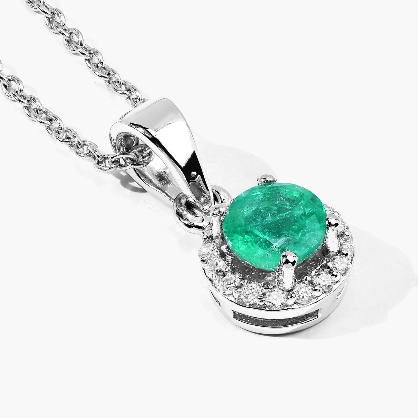 0.42 Ct Round Green Zambian Emerald & Lab Diamond Prong Silver Halo Pendant Necklace