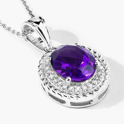 3.20 Ct Oval Purple Amethyst & Lab Diamond Prong Silver Oval Halo Pendant Necklace