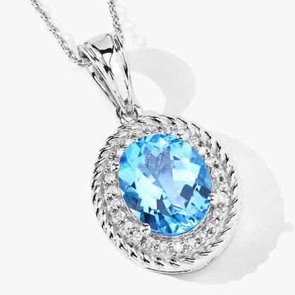 4 Ct Oval Swiss Blue Topaz & Lab Diamond Prong Silver Halo Pendant Necklace