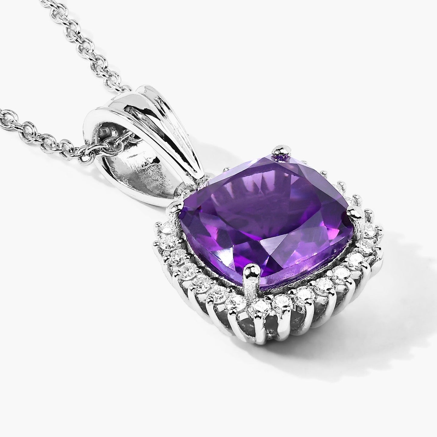 2.60 Ct Cushion Purple Amethyst & Lab Diamond Prong Silver Halo Pendant Necklace