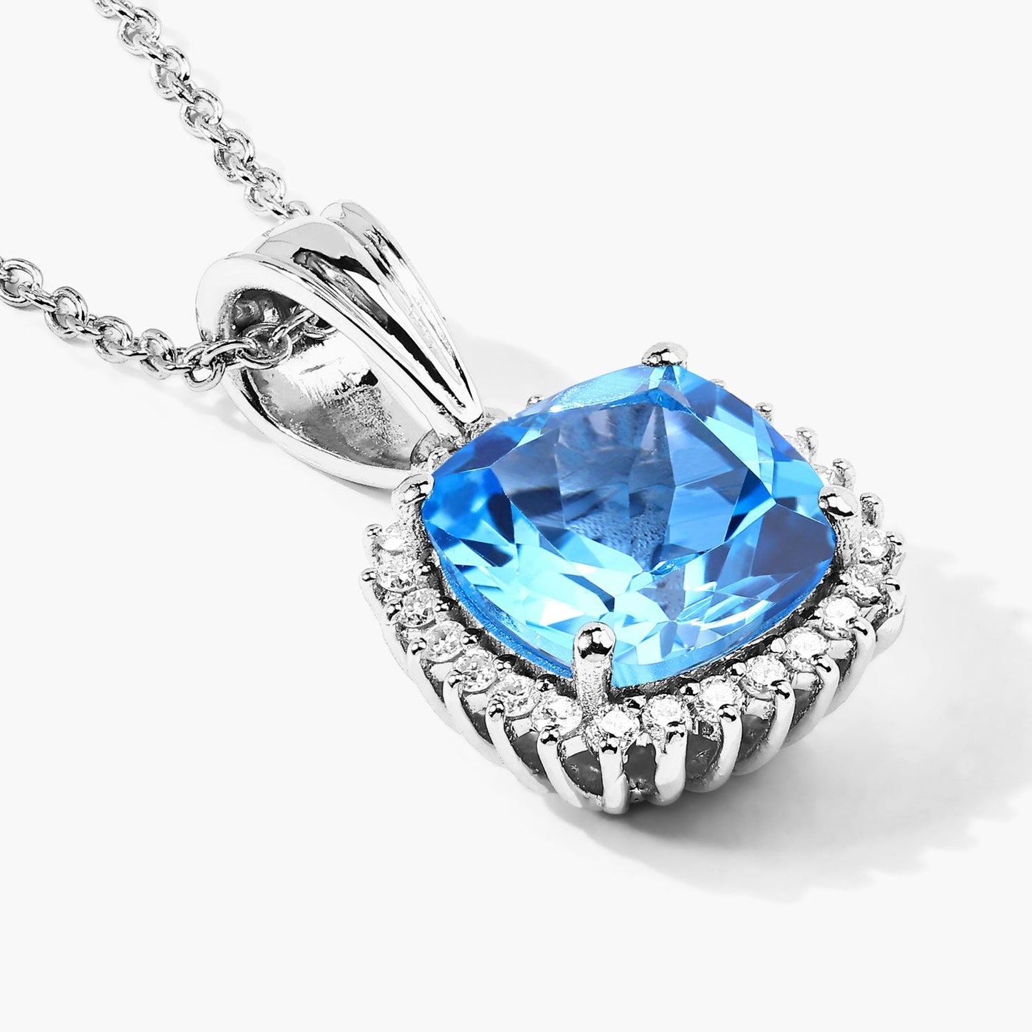 3.40 Ct Cushion Swiss Blue Topaz & Lab Diamond Prong Silver Halo Pendant Necklace