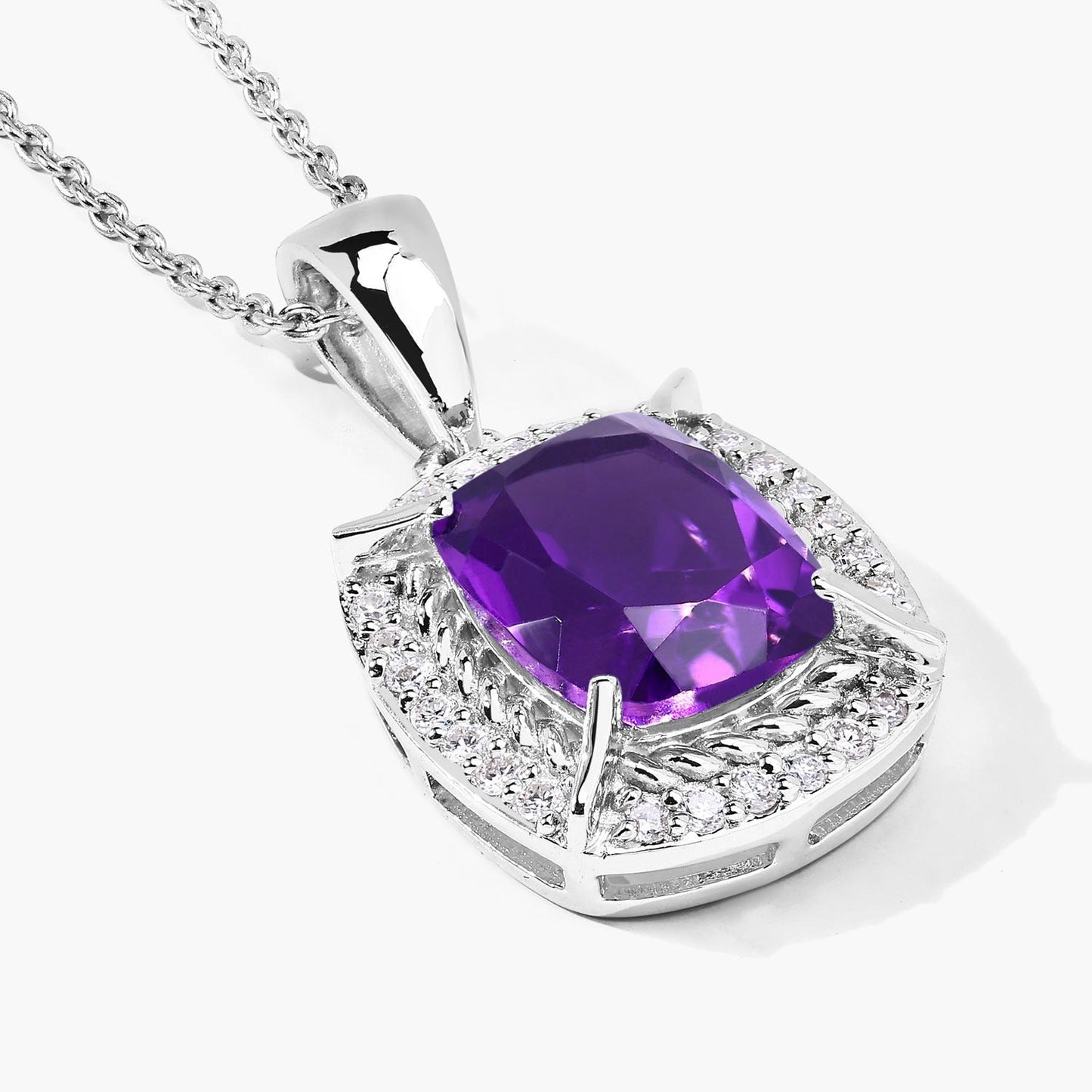 2.60 Ct Cushion Purple Amethyst & Lab Diamond Prong Silver Halo Pendant Necklace