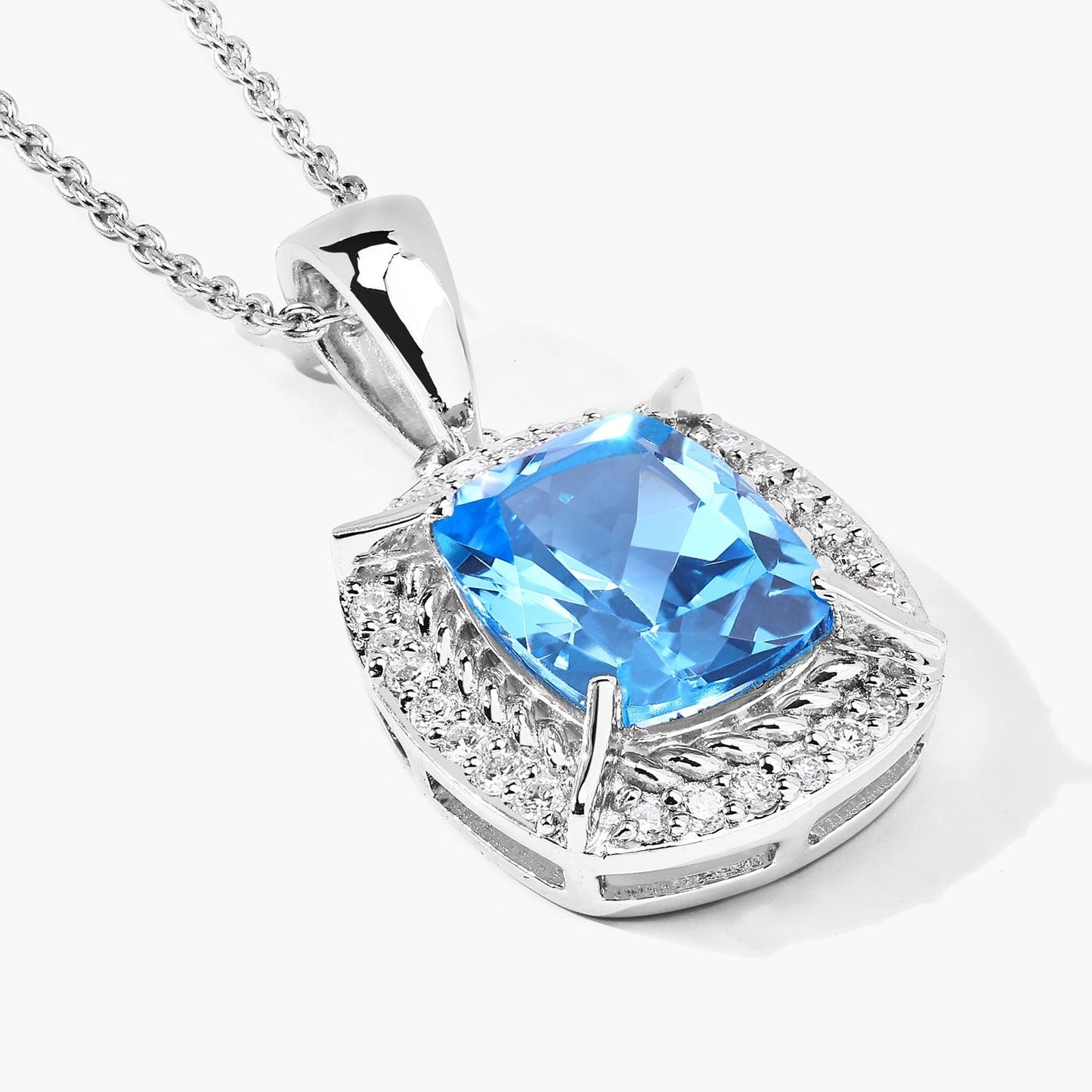3.50 Ct Cushion Swiss Blue Topaz & Lab Diamond Prong Silver Halo Pendant Necklace
