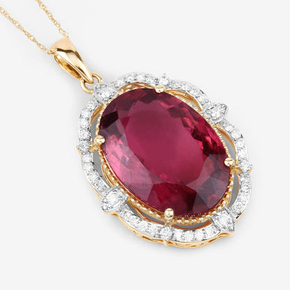 Genuine Rubellite and White Diamond 14K Yellow Gold Oval Pendant