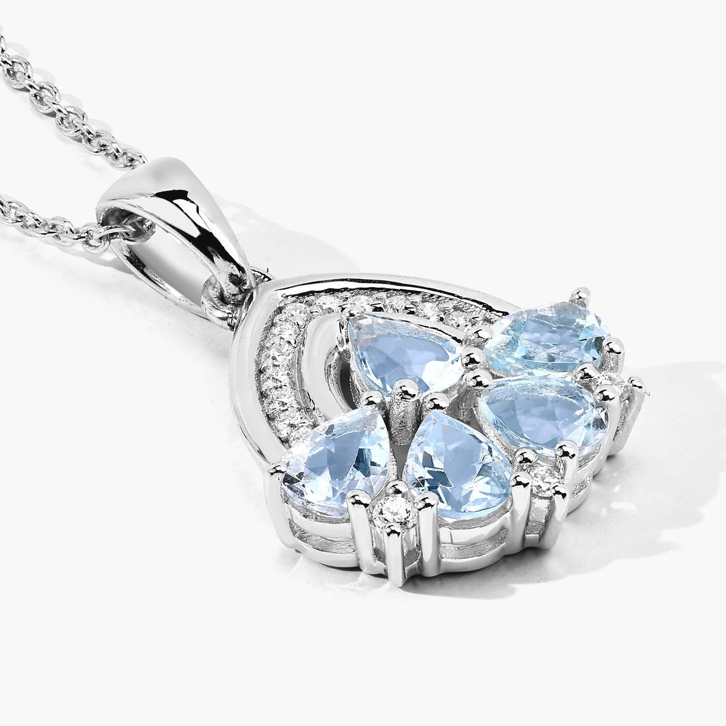 1.10 Ct Pear Blue Aquamarine & Lab Diamond Prong Silver Five Stone Pendant Necklace