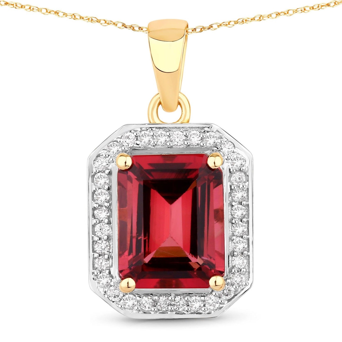 Red Genuine Rubellite and White Diamond 14K Yellow Gold Halo Pendant