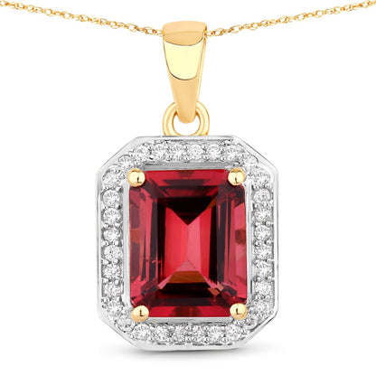 Red Genuine Rubellite and White Diamond 14K Yellow Gold Halo Pendant