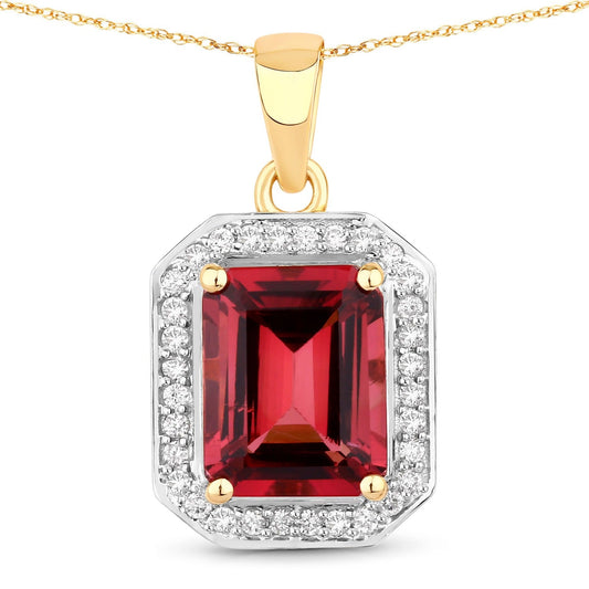 Red Genuine Rubellite and White Diamond 14K Yellow Gold Halo Pendant