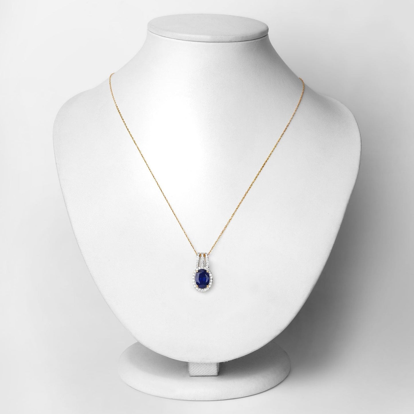 4.06 Ct Genuine Oval Ceylon Blue Sapphire and Diamond 18K Yellow Gold Statement Pendant