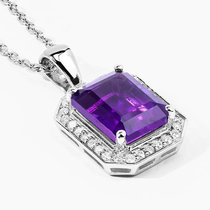 2.10 Ct Octagon Purple Amethyst & Lab Diamond Prong Silver Halo Pendant Necklace