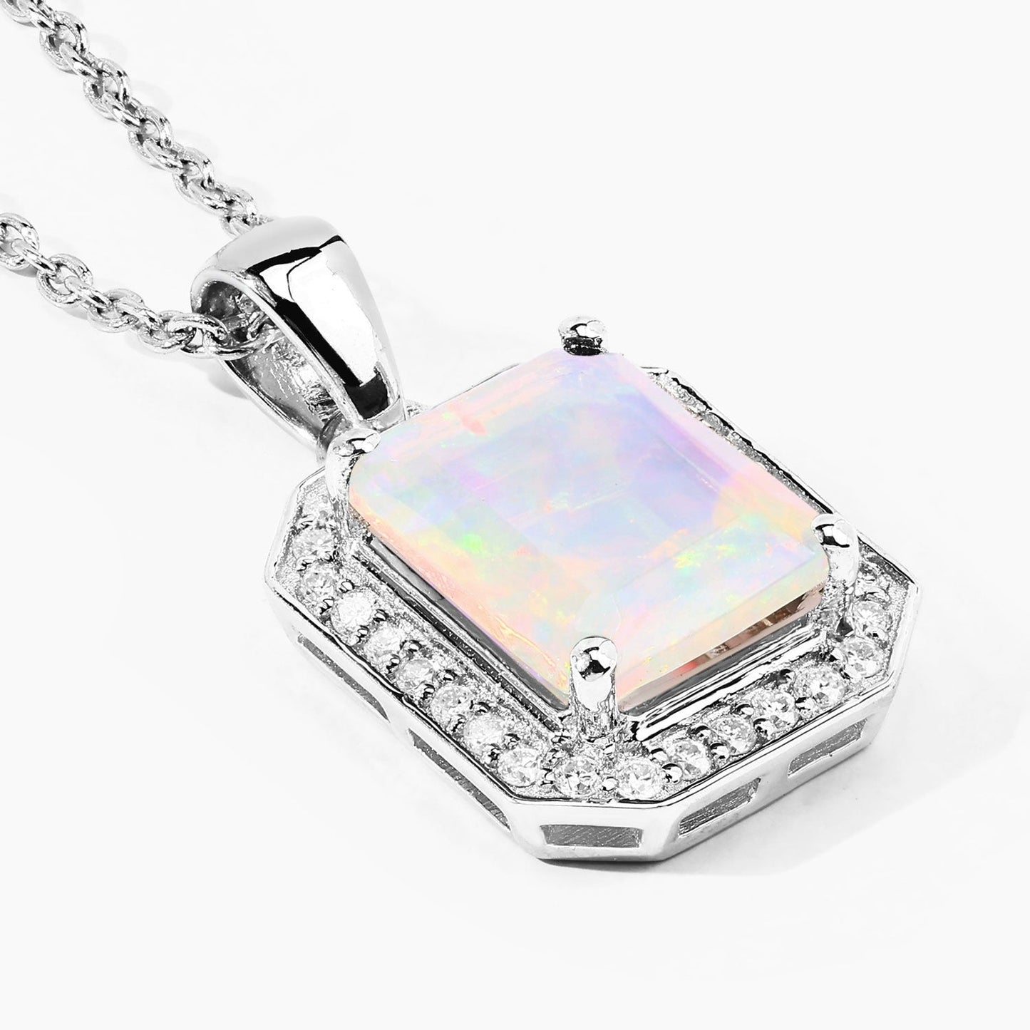 1.21 Ct Octagon White Ethiopian Opal & Lab Diamond Prong Silver Halo Pendant Necklace