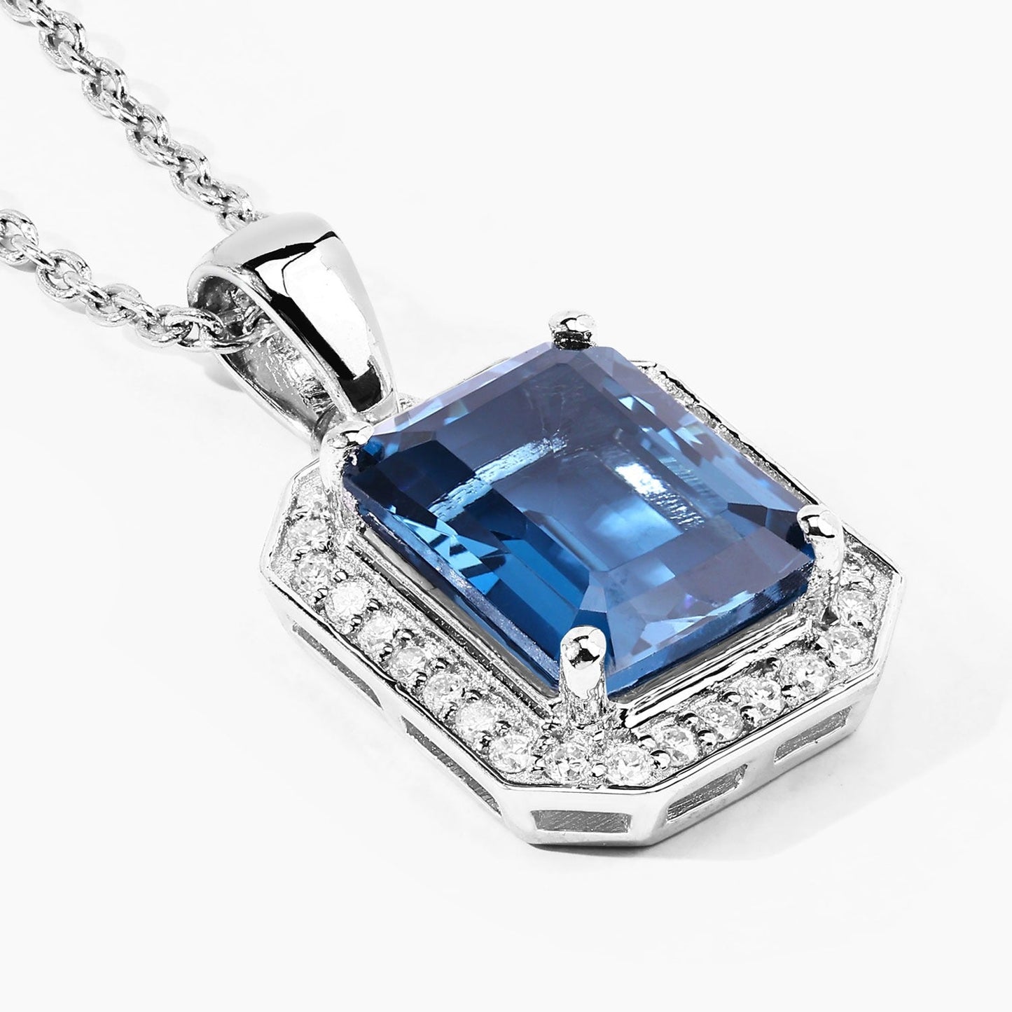 2.60 Ct Octagon London Blue Topaz & Lab Diamond Prong Silver Halo Pendant Necklace
