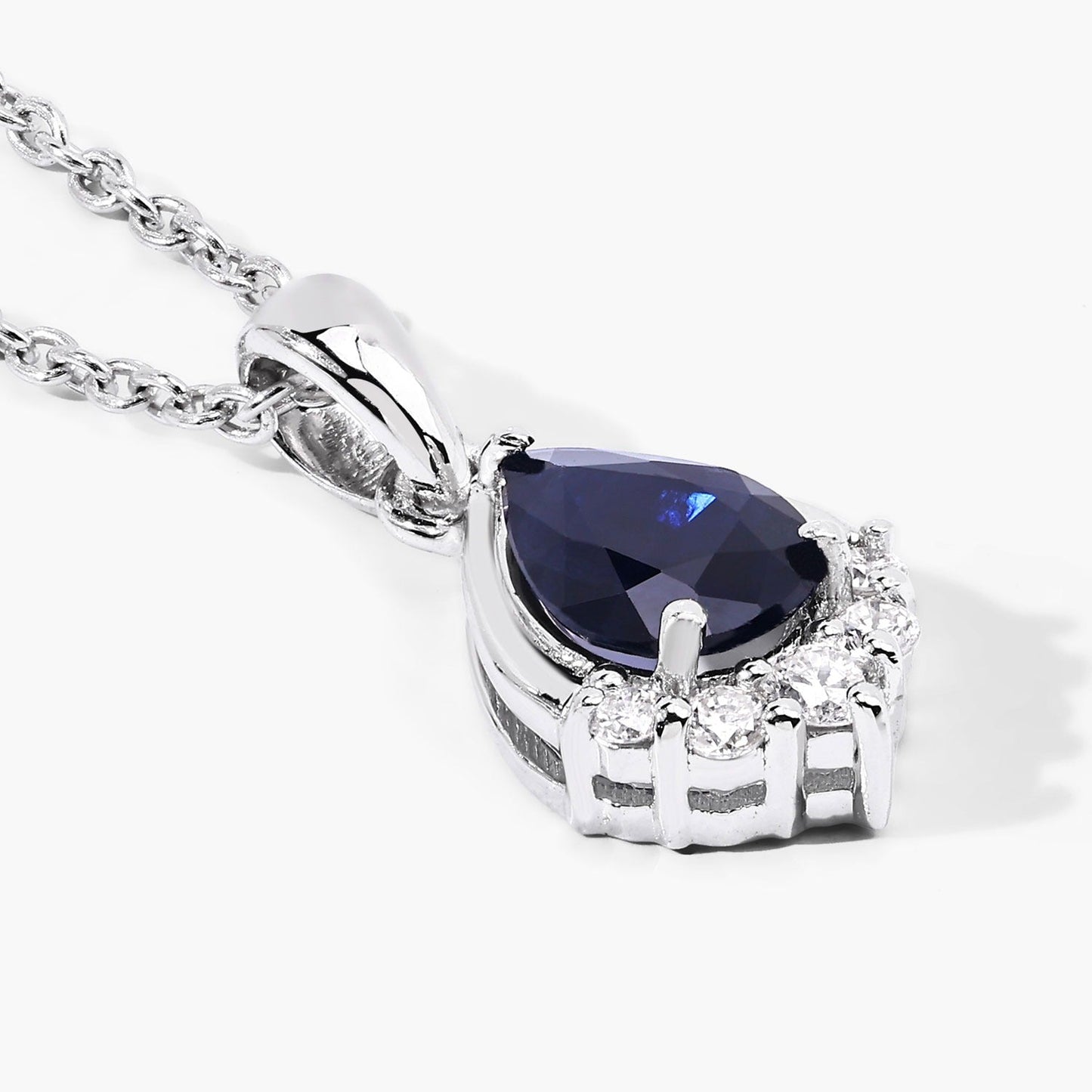 0.80 Ct Pear Blue Sapphire & Lab Diamond Prong Silver Teardrop Pendant Necklace