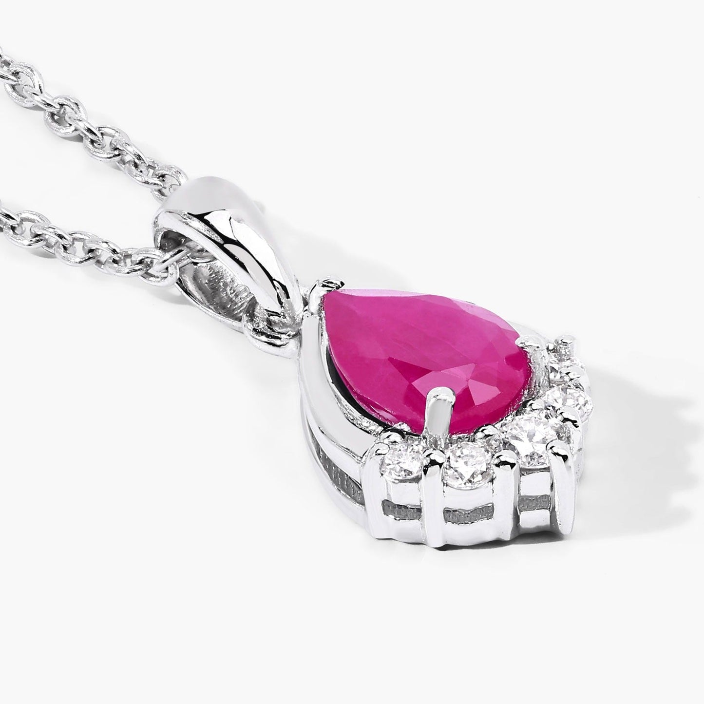 0.80 Ct Pear Pink Mozambique Ruby & Lab Diamond Prong Silver Teardrop Pendant Necklace